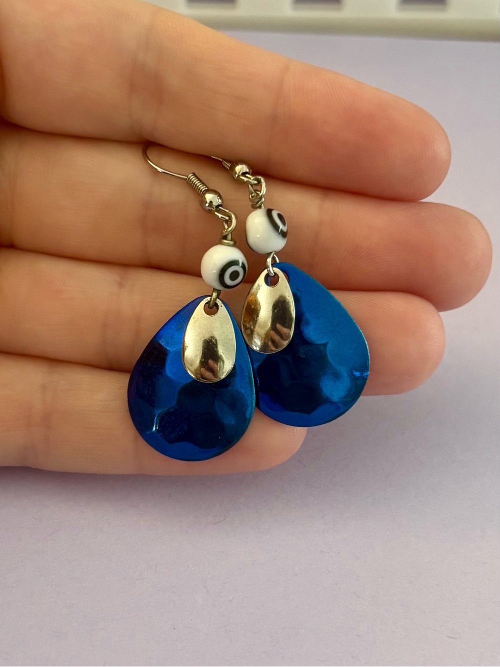 Handcrafted Blue Teardrop fishing lure Dangle Earrings with Gold Accent